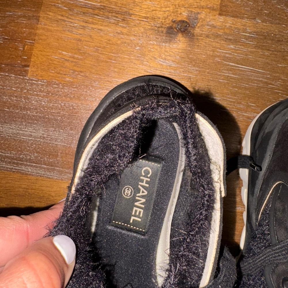 Chanel Black Tweed & Suede CC LaceUp Fuzzy Sneakers - Picture 3 of 11